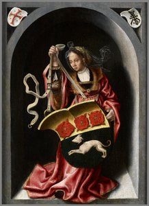 Dama sosteniendo un escudo heráldico dentro de un nicho pintado de Bernard van Orley